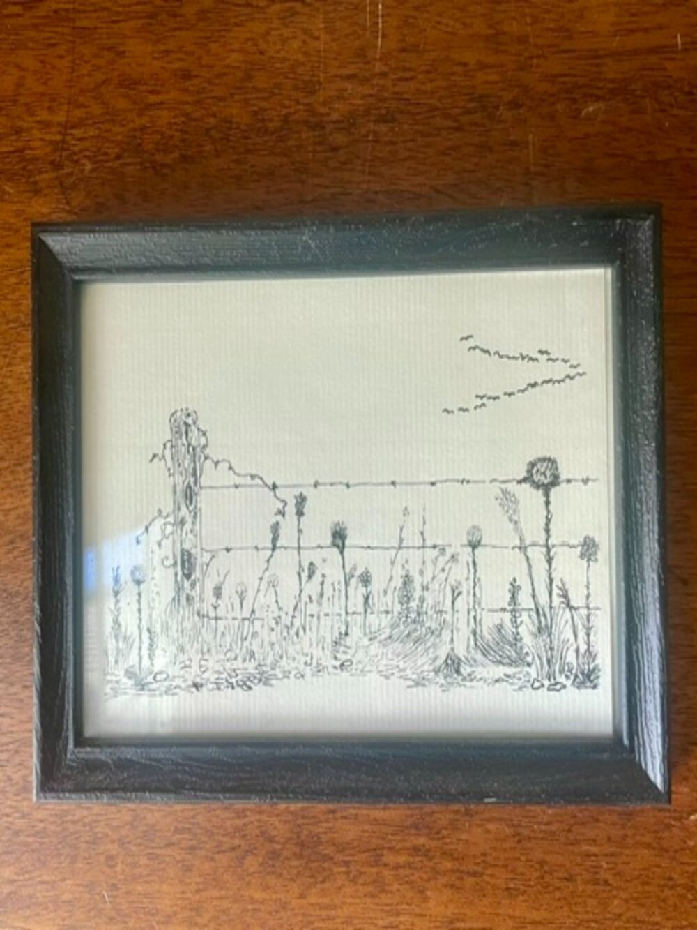 Miniature Art Work Black & White Barb Wire Fence & Flowers